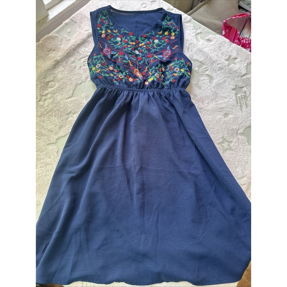 SHEIN Women’s Embroidered Navy Blue Whimsical Summer Dress Boho Tie In Back